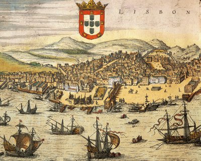 Kart over byen Lisboa, fra Civitates Orbis Terrarum av Georg Braun og Franz Hogenberg, gravering av Georg Braun and Hogenberg Franz
