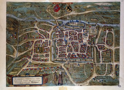 Kart over den tyske byen Weimar. Gravering fra atlaset til "Braun og Hogenberg" 1572 av Georg Braun and Hogenberg Franz