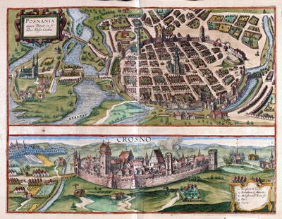 Poznan og Krosno, Polen (gravering av Georg Braun and Hogenberg Franz