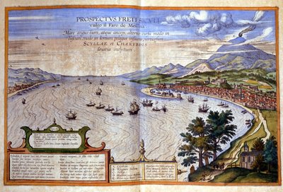 Messinastredet - Calabria er til venstre mens Messina og Etna er til høyre på Sicilia. Atlas de Braun og Hogenberg av Georg Braun and Hogenberg Franz
