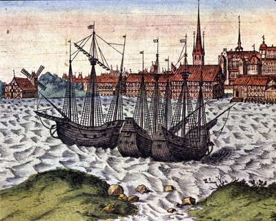 Havnen i Lubeck etter Theatrum Orbis Terrarum i Braun og Hogenberg. 17. århundre. av Georg Braun and Hogenberg Franz