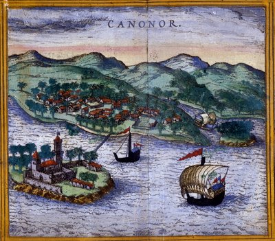 Utsikt over Canonor (eller Cannanore) i India fra en utgave av "Civitates Orbis Terrarum" av Braun og Hogenberg av Georg Braun and Hogenberg Franz