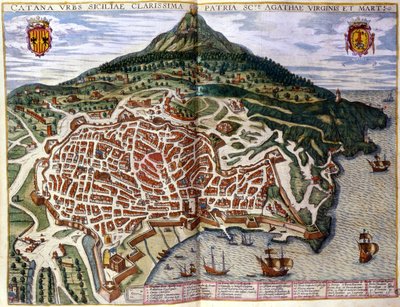 Utsikt over Catania og Etna på Sicilia. Atlas av Braun og Hogenberg. 1585, Amsterdam. av Georg Braun and Hogenberg Franz