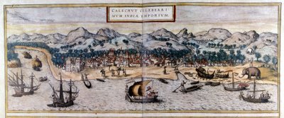 Utsikt over Kozhikode eller Calicut i India fra Atlas "Civitates Orbis Terrarum" av Braun & Hogenberg av Georg Braun and Hogenberg Franz