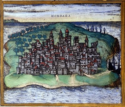 Utsikt over Mombasa eller Mombassa, Kenya i løpet av 1500-tallet, ifølge Atlas "Civitates Orbis Terrarum" av Braun og Hogenberg av Georg Braun and Hogenberg Franz