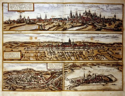 Utsikt over de tyske byene Nürnberg og Ulm, Salzburg, Østerrike. Gravering fra atlaset til "Braun og Hogenberg" 1572 av Georg Braun and Hogenberg Franz