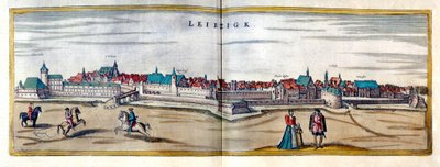 Utsikt over byen Leipzig i Tyskland. Gravering fra atlaset til «Braun og Hogenberg» fra begynnelsen av 1600-tallet av Georg Braun and Hogenberg Franz