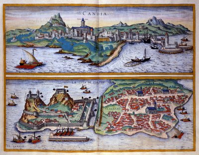 Utsikt over havnen i Candie (dagens Heraklion) på Kreta og havnen på Korfu i Hellas Gravering av George Braun I "" Civitatis Orbis Terrarum""" bind I skrevet av Franz Hogenberg (1535-1590) av Georg Braun and Hogenberg Franz