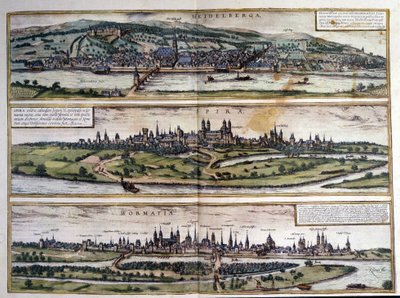 Utsikt over tre byer i Tyskland: Heidelberg, Spire, Worms. Atlas over Braun og Hogenberg. 1550. av Georg Braun and Hogenberg Franz
