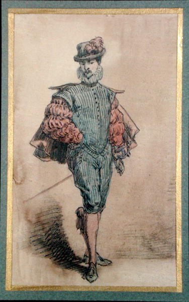Mannlig karakter i historisk drakt (blyant, blekk og akvarell på papir) av George Sand
