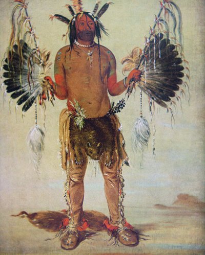 'Old Bear' medisinmann fra Mandan Tribe, fra et maleri fra 1832 (farge litho) av George (after) Catlin