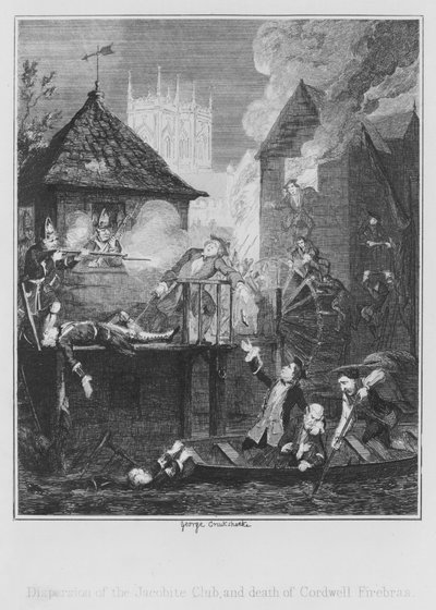 Spredning av Jacobite Club og død av Cordwell Firebras (gravering) av George (after) Cruikshank