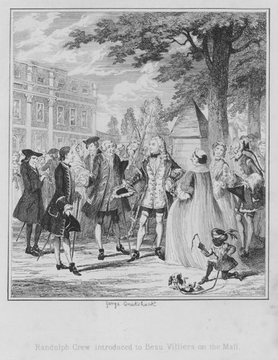 Randulph Crew introduserte for Beau Villiers on the Mall (gravering) av George (after) Cruikshank