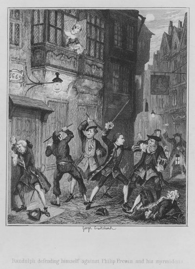 Randulph forsvarer seg mot Philip Frewin og myrmidonene hans (gravering) av George (after) Cruikshank
