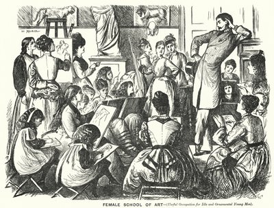 Punch tegneserie: Female School of Art (nyttig yrke for ledige og dekorative unge menn) (gravering) av George (after) Du Maurier