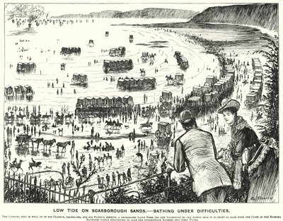 Punch tegneserie: Low Tide on Scarborough Sands - Bading under vanskeligheter (gravering) av George (after) Du Maurier