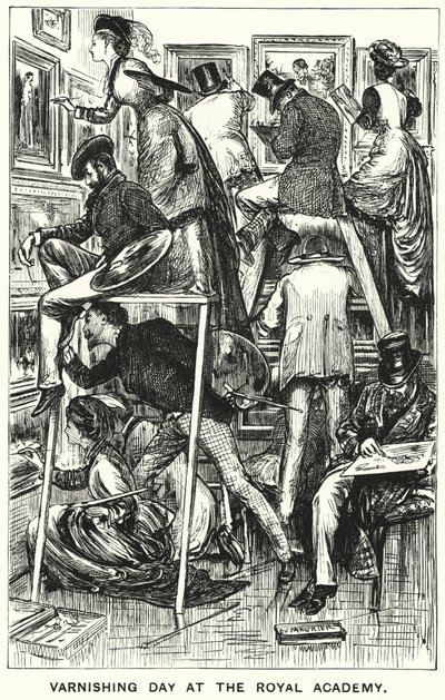 Punch tegneserie: Varnishing Day at Royal Academy (gravering) av George (after) Du Maurier