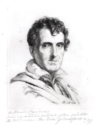Portrett av Antonio Canova (1757-1822) 1817 (gravering) (s/hvitt foto) av George (after) Hayter