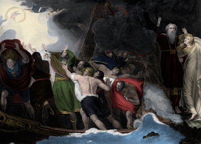 Prospero og Miranda, til høyre, står på øya mens sjømennene er forliste av George (after) Romney