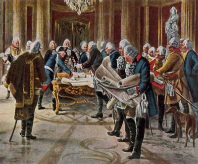 Fredrik den store holder krigsråd med sine generaler, august 1756 (forbedret fargelito) av George (after) Schobel