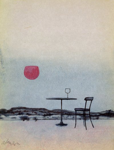 Fordrevet rødvin fra glass på utvendig bord blir den nedgående solen (penn med vask og gouache på kortet) av George Adamson