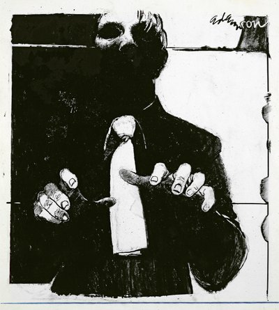 Illustrasjon for Nursing a Blind Patient en artikkel i Nursing Times, publisert 30. oktober 1975 (blekk på acetat) av George Adamson
