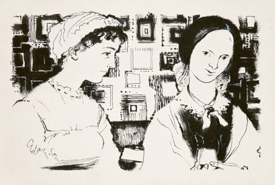 Jane Austen (1775-1817) og Charlotte Bronte (1816-55) - et imaginært møte (indisk blekk om bord) av George Adamson