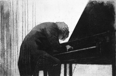 John Ogdon (1937-89) ved pianoet i Great Hall, Exeter University, 1979 av George Adamson