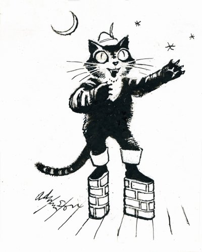 Puss in (murveggplattform) støvler (blekk på gjennomsiktighet over hvitt kort) av George Adamson