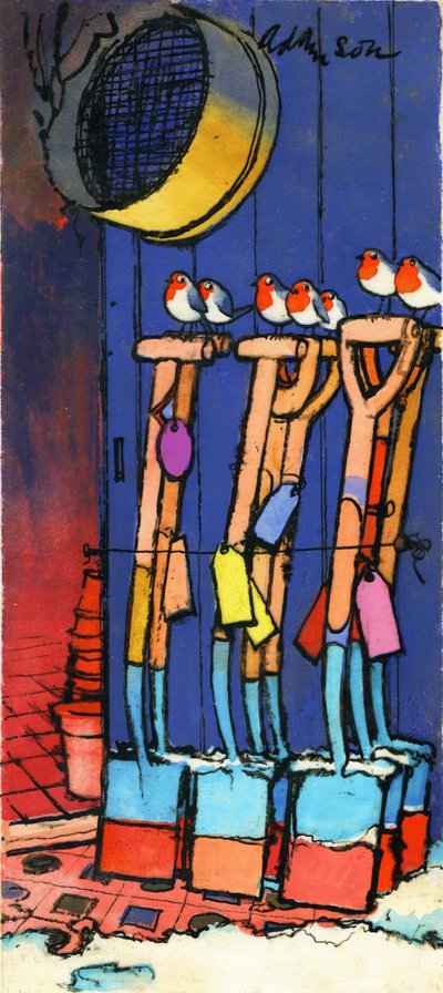 Robins and Spades, 1970-tallet (indisk blekk på gjennomsiktighet over gouache på kort) av George Adamson