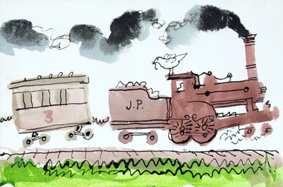Steam Train, del I, 1952 (indisk blekk og penn og vask på papir) av George Adamson