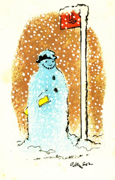 Waiting for the Bus, 1973 (indisk blekk på gjennomsiktighet over gouache på kort) av George Adamson