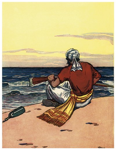En pirat forlater på en øde øy ser på horisontlinjen Illustrasjon fra "The Boys Books of Pirates"" av George Albert Williams (1875-1932) 1914 av George Alfred Williams