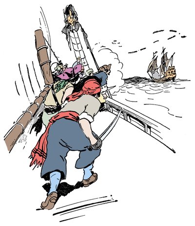 Et sjørøverskip som jager et skip Illustrasjon fra «Guttens bok om sjørøvere og de store sjørøverne»» av George Albert Williams (1875-1932) 1900 av George Alfred Williams