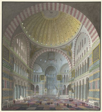 Interiør i Hagia Sophia med knelende og stående tyrkere av George Antoine Prosper Marilhat