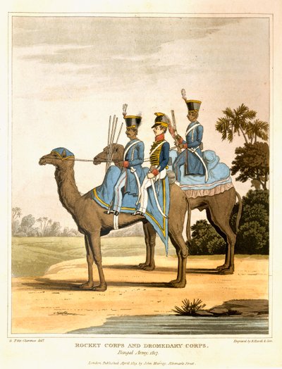 Rocket Corps and Dromedary Corps, Bengal Army 1817, fra 'Journal of a Route Across India and Through Egypt', gravert av R. Havell and Son, pub. av John Murray, 1819 av George Augustus Fitzclarence