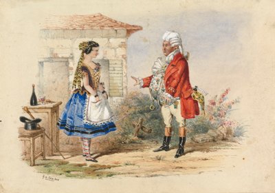 Adina og Dr. Dulcamara, scene fra Donigettis Elisir d'Amore av George Augustus Sala