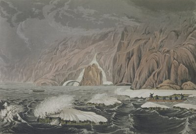 Ekspedisjon som dobler Cape Barrow, 25. juli 1821, fra Narrative of a Journey to the Shores of the Polar Sea in the Years 1819-22 av Sir John Franklin (1786-1847) gravert av Edward Finden (1791-1857) pu av George Back