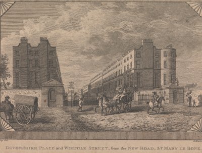 Devonshire Place og Wimpole Street, fra New Road, St. Mary le Bone av George Barret