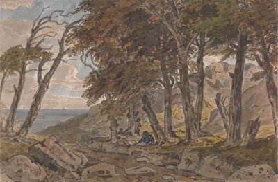 Figurer på bredden av en skogkledd vei, med havet i avstand til venstre av George Barret Jr.