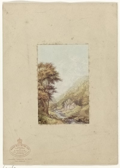 Kupert landskap med bekk Water Mill on the Wye (tittel på objekt) av George Baxter