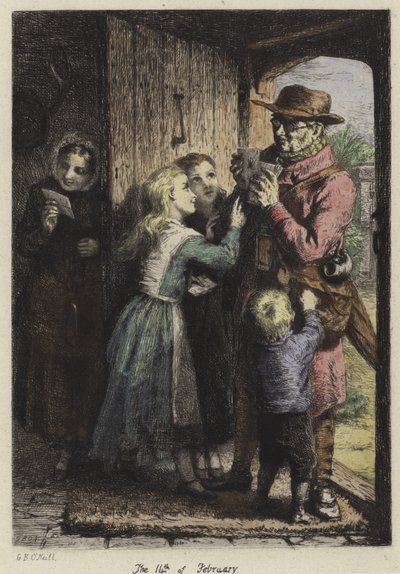 Et postbud som leverer post til et hus på Valentinsdagen av George Bernard O