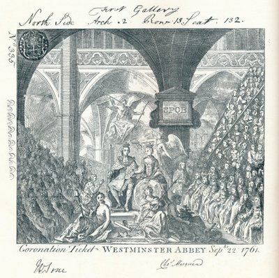 Inngravert billett til kroningsseremonien til George III i Westminster Abbey 1761 1906 av George Bickham