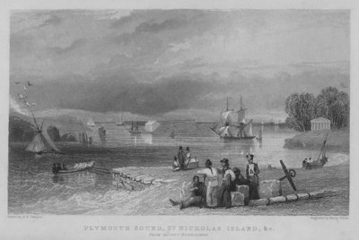 Plymouth Sound, St Nicholas Island, etc fra Mount Edgecumbe (gravering) av George Bryant Campion
