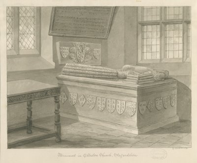 Ellastone Church - Monument til Sir John Fleetwood: sepia-tegning, 1841 av George Buckler