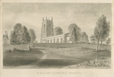 Ellastone Church: sepia-tegning, 1841 av George Buckler