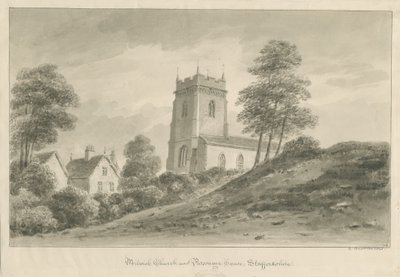 Milwich kirke og prestehus: sepia vasketegning av George Buckler