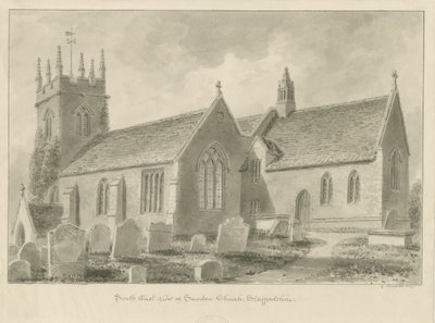 Sandon Church: sepia-tegning, 1841 av George Buckler