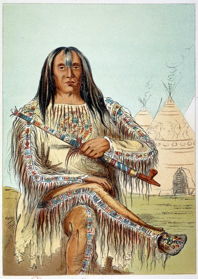 Amerikanske indianere: Portrett av en leder av blackfoot-stammen (svarte føtter) på rundt 50 år. Illustrasjon av George Catlin (1794-1872) av George Catlin