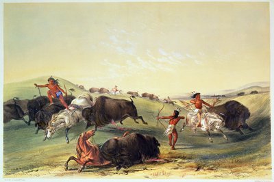 Buffalo Hunt, plate 7 fra Catlins North American Indian Collection, gravert av McGahey, Day og Haghe av George Catlin